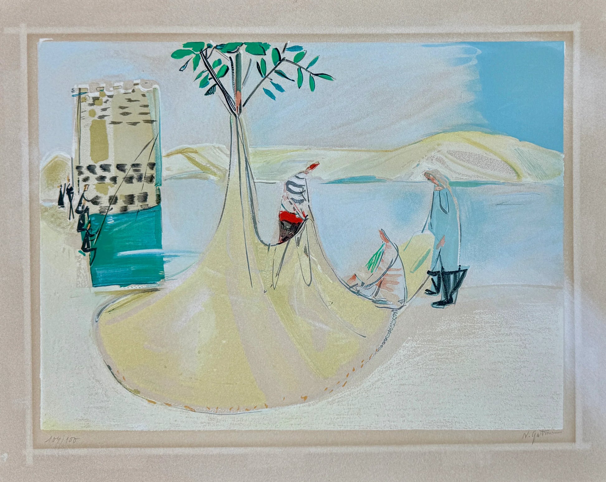 Nachum Gutman Original Signed Lithograph Fishermen in Tiberias Israel Art.