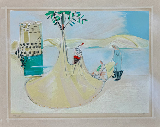 Nachum Gutman Original Signed Lithograph Fishermen in Tiberias Israel Art.