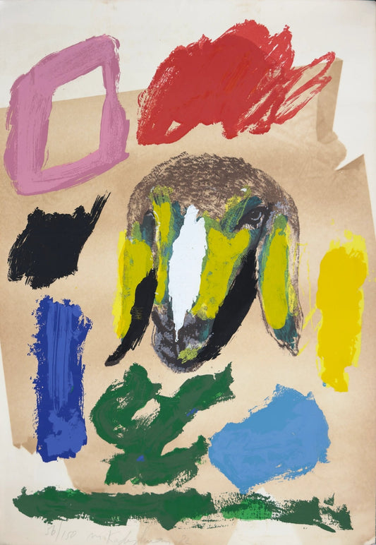 מנשה קדישמן ליטוגרפיה מקורית חתומה ביד - מנשה קדישמן, "כבשה בקומפוזיציה מופשטת" (1982) - FirstGallery - פירסט גלרי