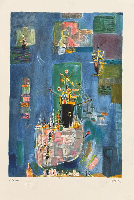 Nachum Gutman Original Signed Lithograph Ships in blue Israel Art.