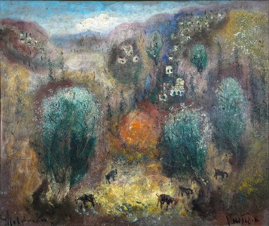 ציור שמן של האמן ״אלברט גולדמן - ״נוף הררי כפרי
