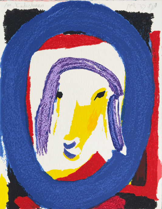 ליטוגרפיה מקורית חתומה ידנית של מנשה קדישמן (Menashe Kadishman) משנת 1997, המציגה ראש כבשה צהוב בתוך מסגרת אובלית כחולה על רקע אדום ושחור