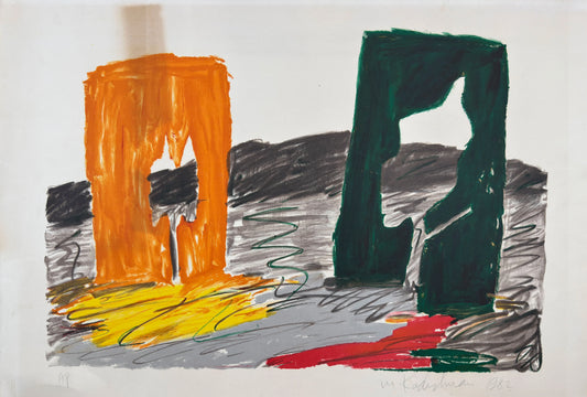 ליטוגרפיה מופשטת גדולה משנת 1982 של מנשה קדישמן (Menashe Kadishman) המציגה שתי צורות דמויות שערים בכתום וירוק על רקע נוף אקספרסיבי, חתומה ידנית ומסומנת כ-A.P.