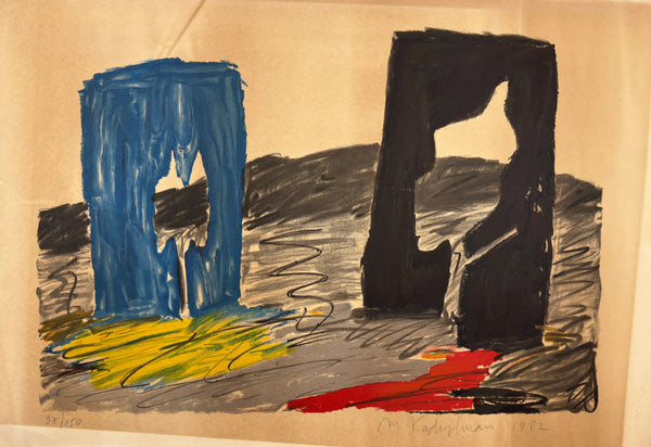 ליטוגרפיה מופשטת גדולה משנת 1982 של מנשה קדישמן (Menashe Kadishman) המציגה שני שערים בכחול ובשחור על רקע נוף אקספרסיבי, חתומה ידנית וממוספרת 97/150