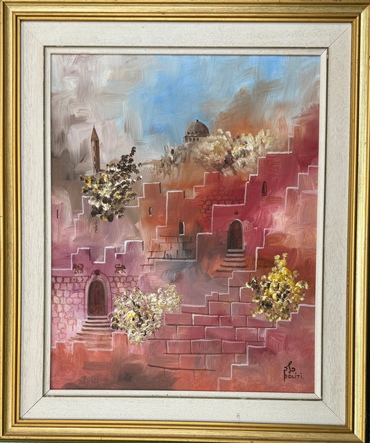 ציור מקור של האמן כלב פוליטי, ירושלים העתיקה, ציור שמן ממוסגר של ירושלים העתיקה: חומות, מדרגות, כיפת בית כנסת, מגדל פעמונים ופרחים פורחים, בצבעוניות ורוז'-זהובה, במסגרת לבנה-זהובה, חתום.