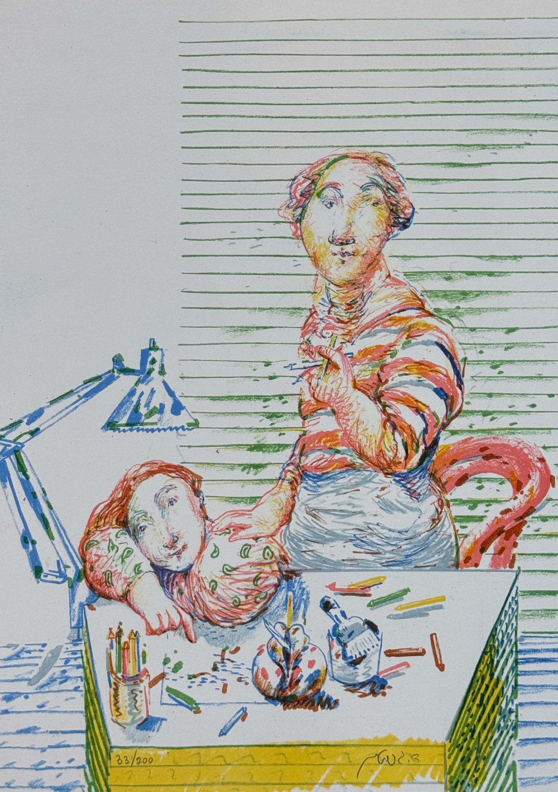 ליטוגרפיה של דוד גרשטיין, שיעור ציור, אם או מורה בחולצת פסים מסבירה לילד עם שיער מתולתל, יושב לשולחן עמוס עפרונות ומכחולים, בקו אקספרסיבי וצבעוני, חתומה בעיפרון.