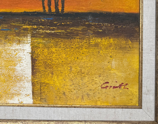 יצירה מקורית של האמן גינטל, שקיעה דרמטית עם דמויות אנכיות באופק בגווני כתום, זהב וחום, במרקם עשיר, ממוסגרת.