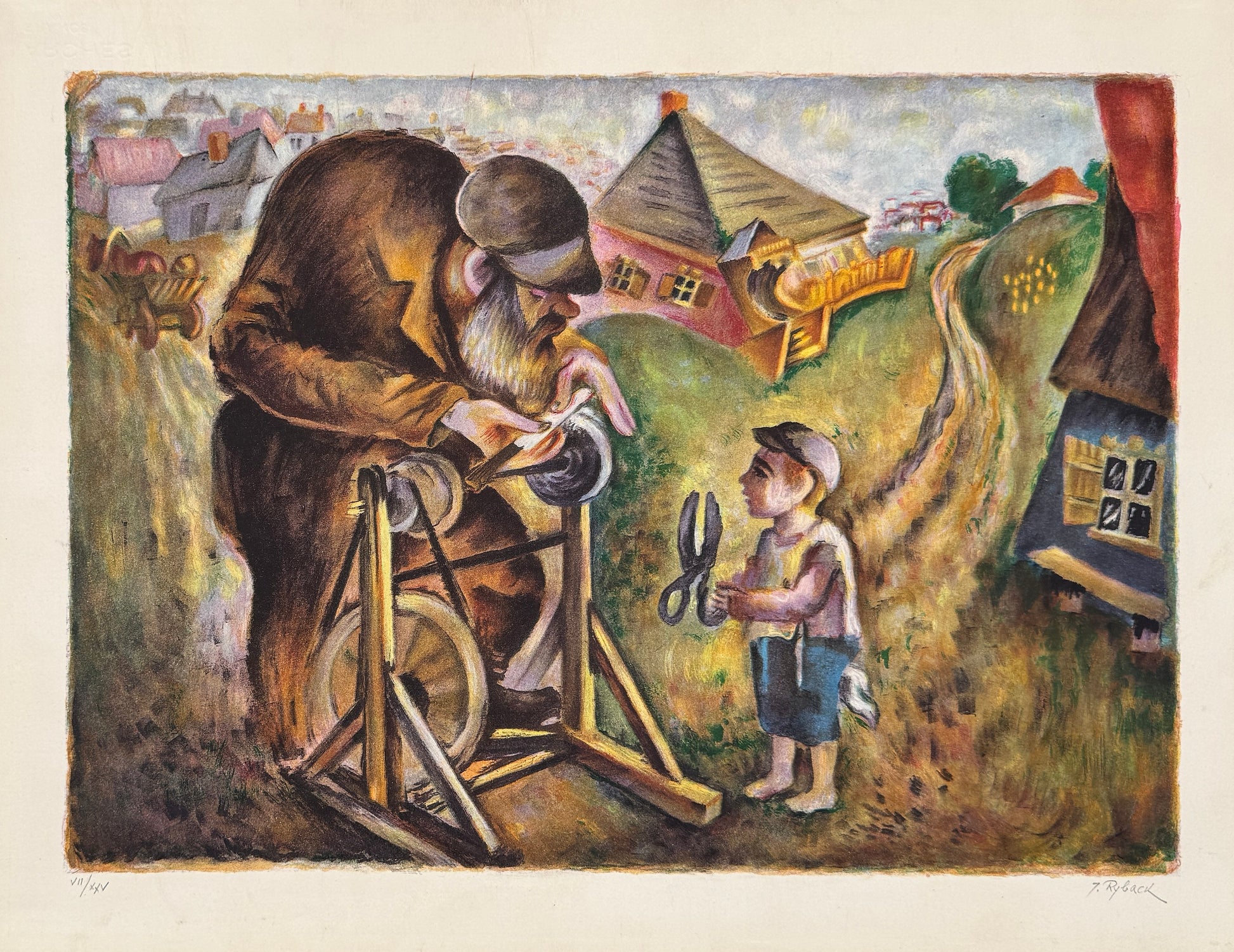 הדפס ליטוגרפי של יששכר בר ריבק, המשחיז, יהודי מזוקן בכובע פרווה משחיז סכינים על אבן ליטוש לצד ילד אוחז מספריים, על רקע בתי שטעטל, חתום בפלטה.