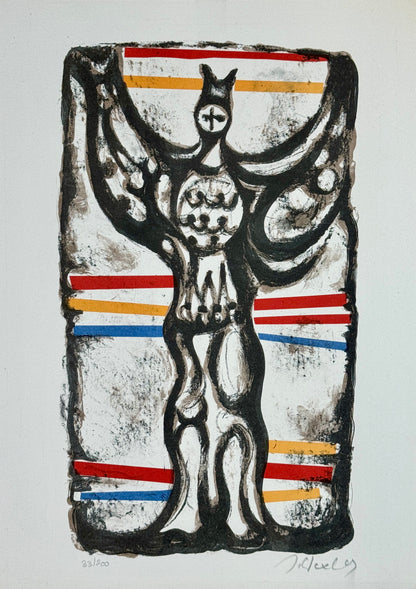 ליטוגרפיה צבעונית מקורית של יעקב וכסלר, דמות טוטמית בעלת זרועות פרושות בקו שחור אקספרסיבי, עם מבטאי פס בצבעי אדום, צהוב וכחול, חתומה בעיפרון.