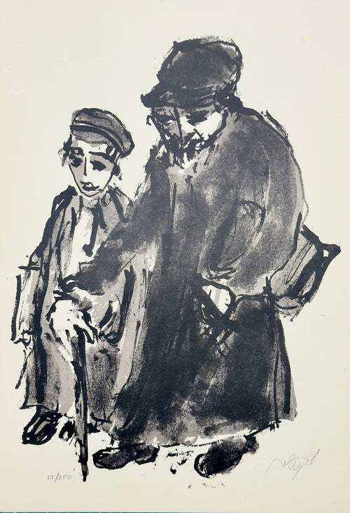 ליטוגרפיה מקורית של משה ברנשטיין, זקן יהודי ונער מהלכים יחד, עטויי מעילים וכובעים, ברחיצת דיו, חתומה בעיפרון.