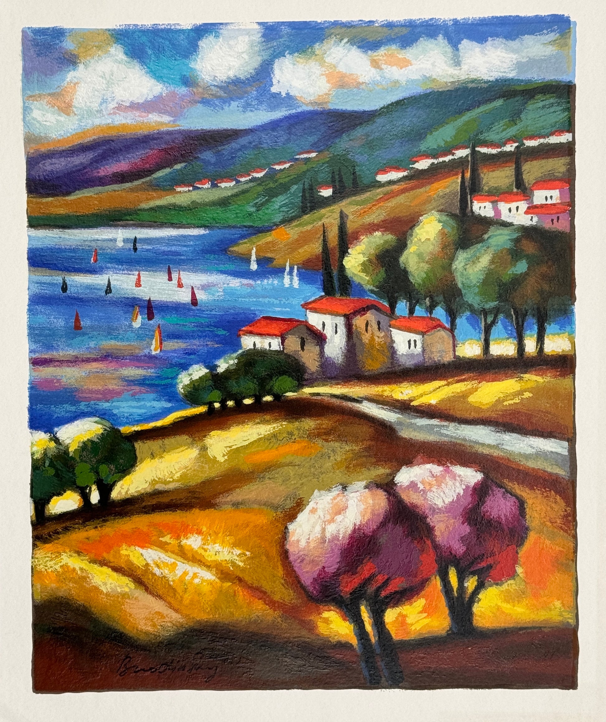 ליטוגרפיה של סלאבה ברודינסקי, בתים ליד האגם, כפר ים-תיכוני עם בתי גג רעפים אדומים, ברושים, סירות מפרש על האגם ועצי שקד פורחים, בצבעוניות עזה ובאור חם, חתומה.