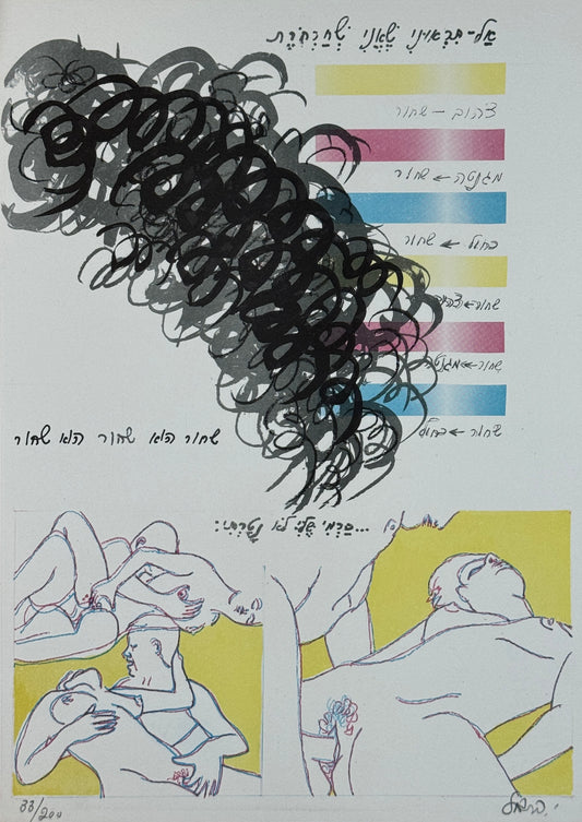 ליטוגרפיה של יואב בראל, אירוטיקה, קומפוזיציה גרפית-מושגית: סקיצה שחורה אקספרסיבית של דמות בראש הגיליון, פסי צבע מסומנים בעברית (לבן-שחור, מקסים-אור, אפור-אור), ושני סקיצות קו של דמויות חושקות בתחתית, חתומה בעיפרון.