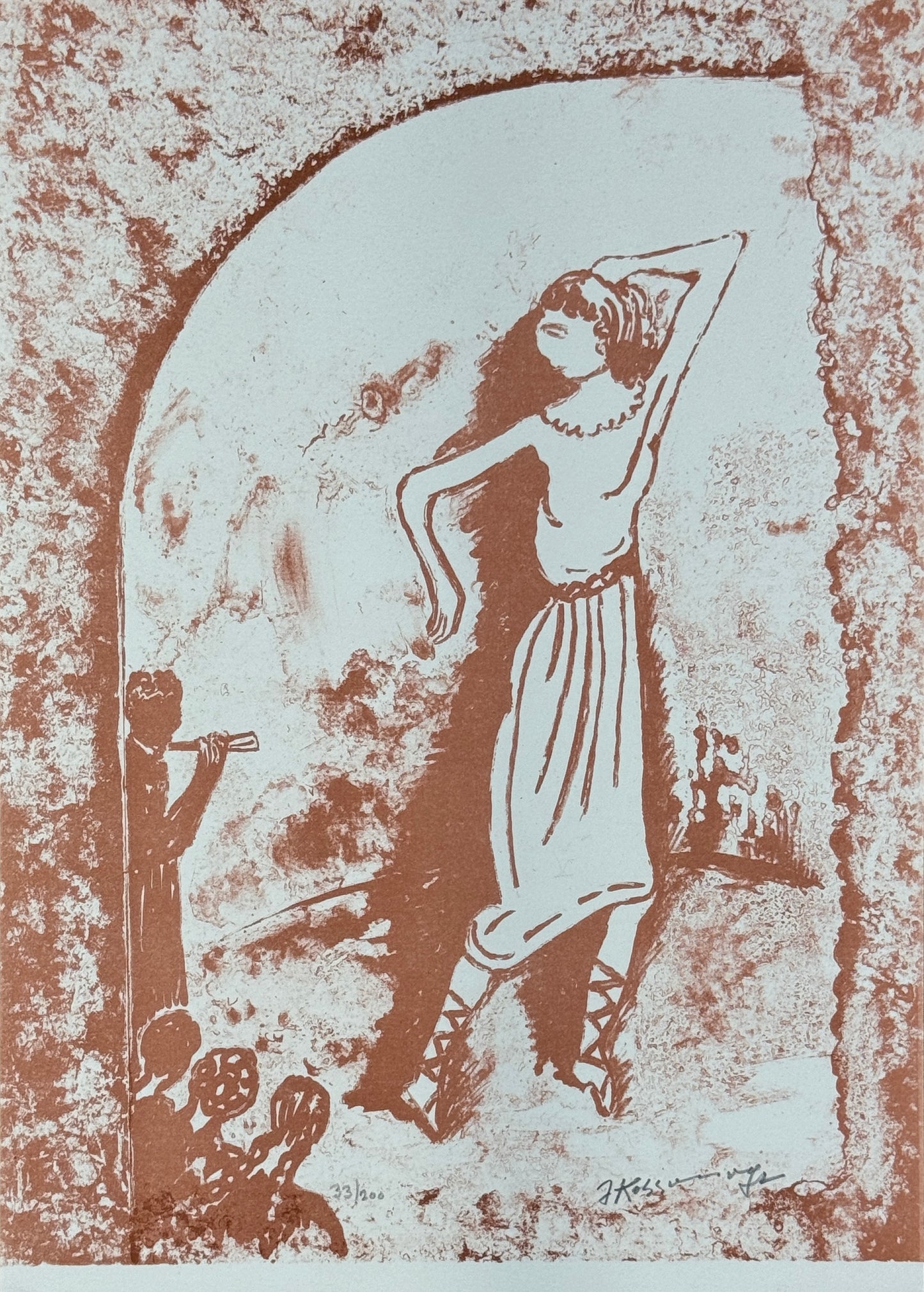 ליטוגרפיה של יוסף קוסונוגי, סצנה מזרחית בגוון ספיה: רקדנית בתנועה, נגן חליל ודמויות, בתוך מסגרת מקושתת, חתומה בעיפרון.