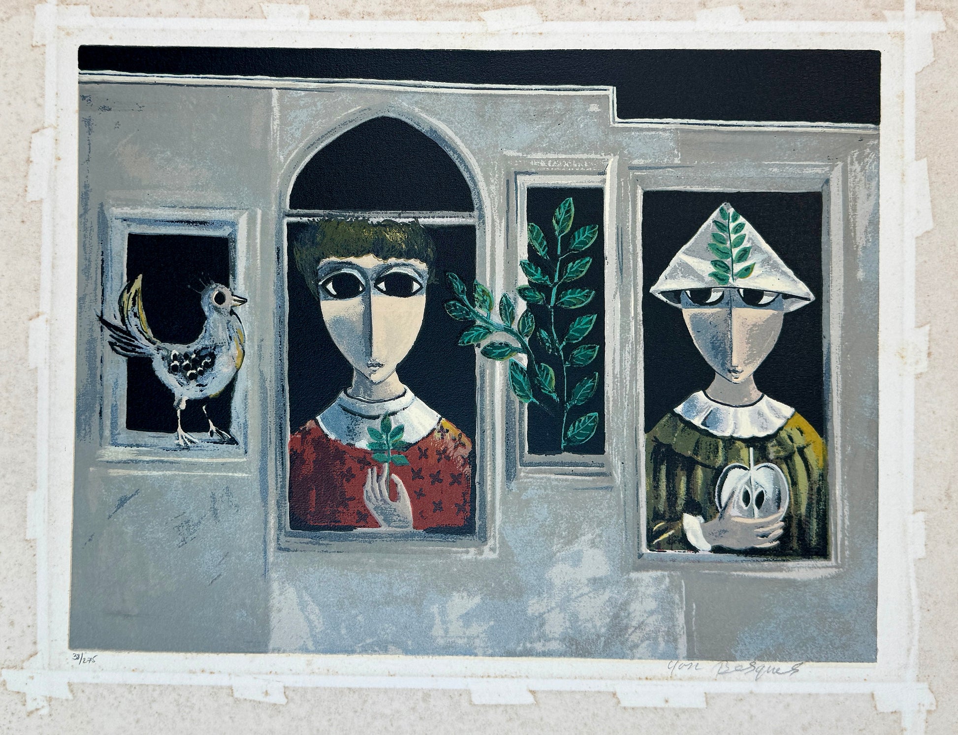 ליטוגרפיה צבעונית מקורית של יוסל ברגנר המתארת שתי דמויות וציפור בחלונות בית אפרפר, מהדורה ממוספרת מוגבלת, חתומה בעיפרון בידי האמן.