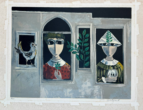 ליטוגרפיה צבעונית מקורית של יוסל ברגנר המתארת שתי דמויות וציפור בחלונות בית אפרפר, מהדורה ממוספרת מוגבלת, חתומה בעיפרון בידי האמן.