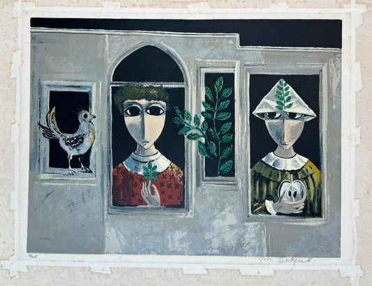 ליטוגרפיה צבעונית מקורית של יוסל ברגנר המתארת שתי דמויות וציפור בחלונות בית אפרפר, מהדורה ממוספרת מוגבלת, חתומה בעיפרון בידי האמן.